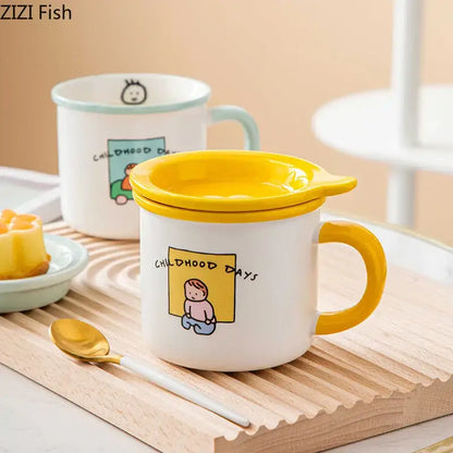 White ceramic coffee mug with yellow lid and handle featuring DecorBites lovers cartoon pattern of childhood days
