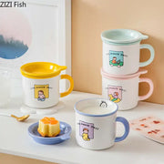 White ceramic coffee mug with colorful pastel lids and decorbites lovers cartoon pattern for dining table use