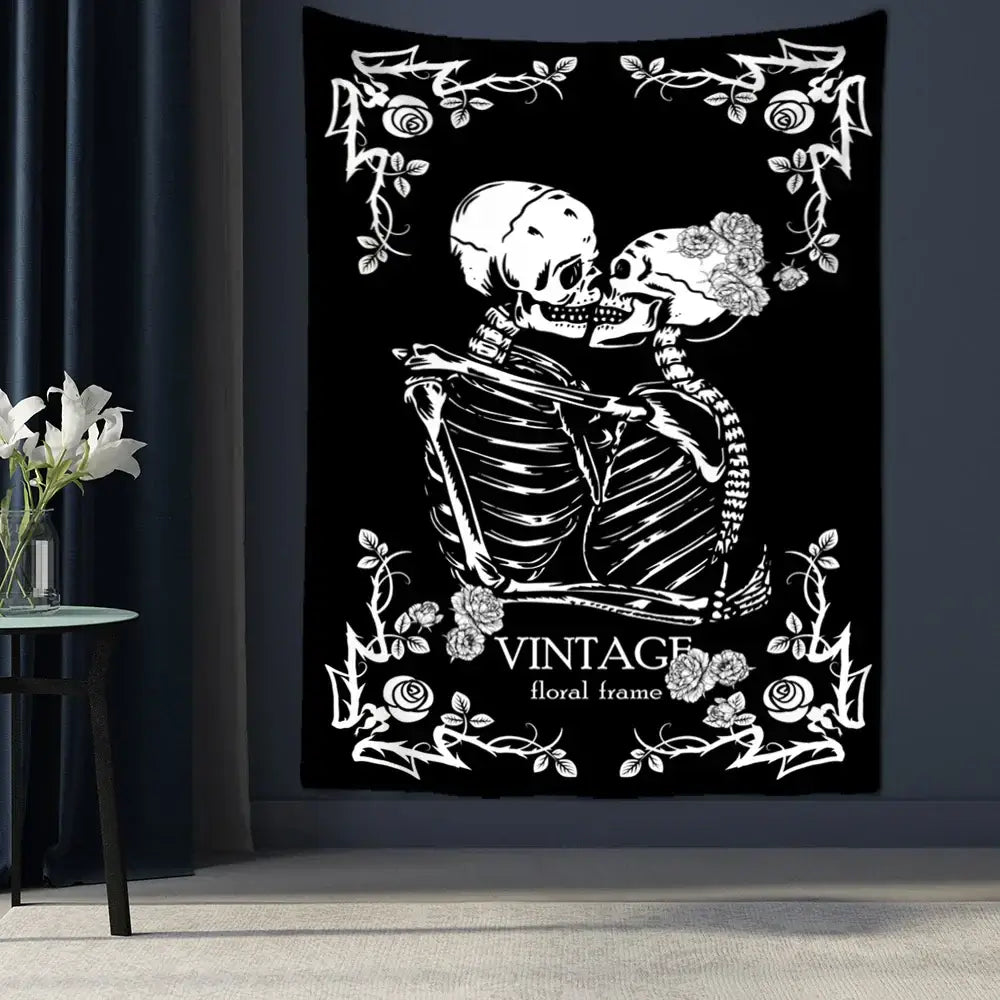 Black decorbites lovers skull tapestry featuring white skeletons embracing framed by floral vines for romantic home decor