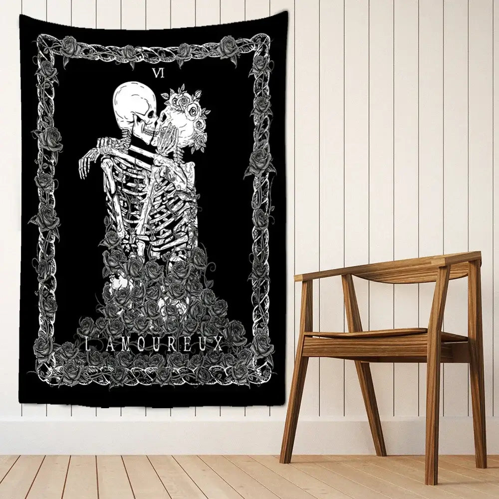 Black decorbites lovers skull tapestry wall hanging featuring white skeletons embracing with roses and ornate border