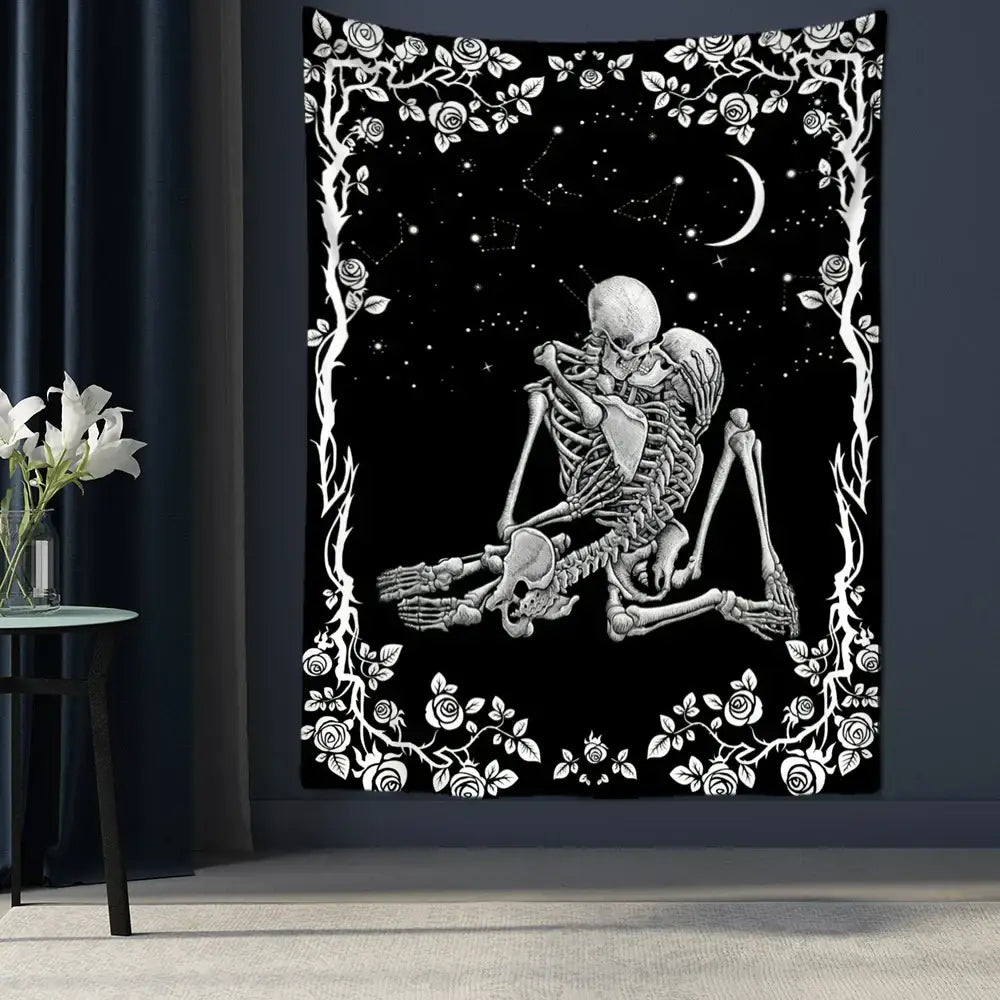 Black and white decorbites lovers skull tapestry featuring a romantic skeleton couple with rose vine border for wall decor