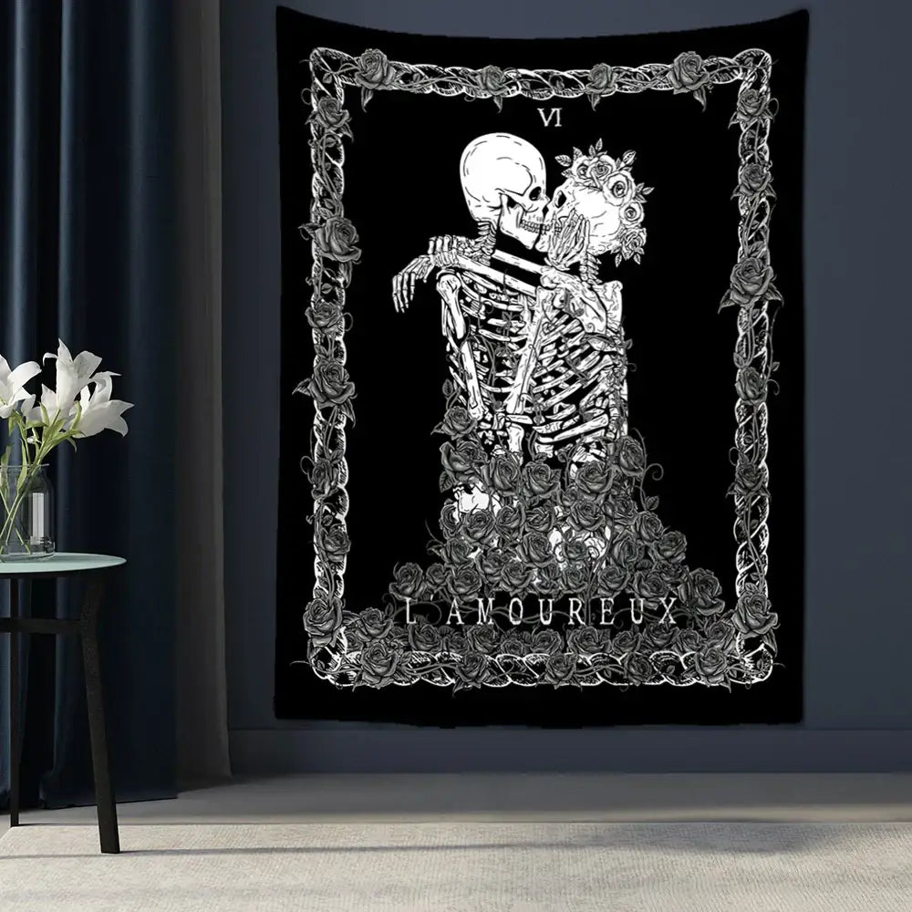 Black decorbites lovers skull tapestry featuring white line-art skeletons embracing with rose border and text l amoureuse