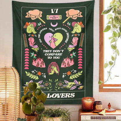 Vibrant green decorbites lovers tapestry featuring tarot lovers card with pink lime accents and whimsical illustrations