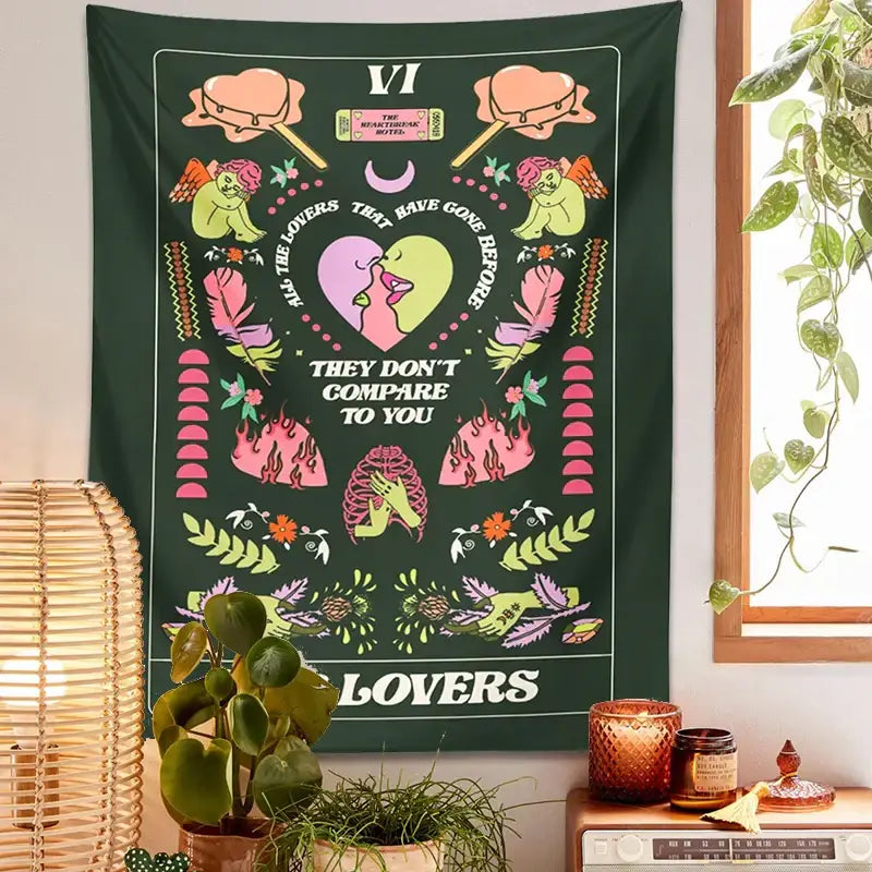 Vibrant green decorbites lovers tapestry featuring tarot lovers card with pink lime accents and whimsical illustrations