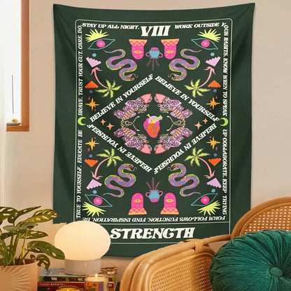 Dark green decorbites lovers tapestry featuring psychedelic snakes eyes motivational phrases and celestial border design