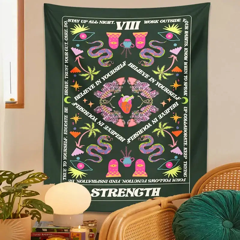 Dark green decorbites lovers tapestry featuring psychedelic snakes eyes motivational phrases and celestial border design