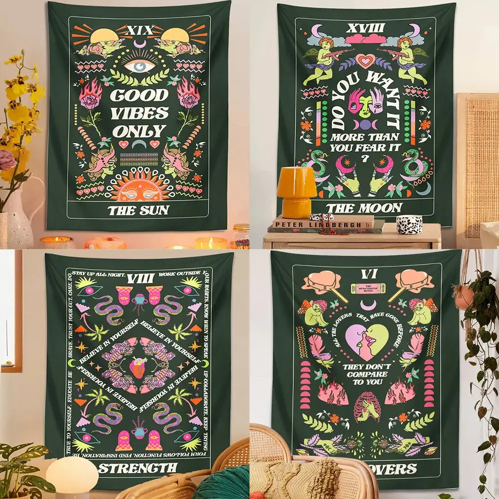 Dark green decorbites lovers tapestry with vibrant pink orange and yellow tarot symbols mythical creatures and phrases