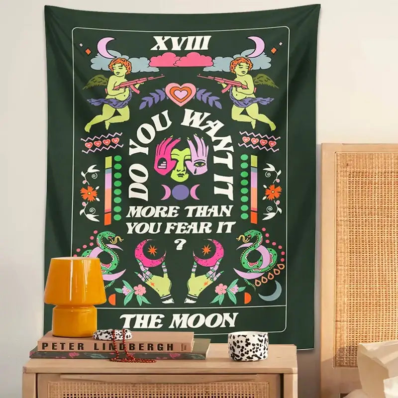 Dark green decorbites lovers tapestry with whimsical cherubs moons and text for psychedelic wall hanging decor