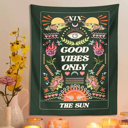 Dark green decorbites lovers tapestry featuring vibrant eyes suns roses and text good vibes only the sun wall hanging