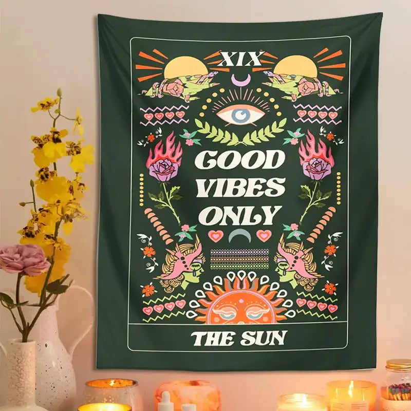 Dark green decorbites lovers tapestry featuring vibrant eyes suns roses and text good vibes only the sun wall hanging