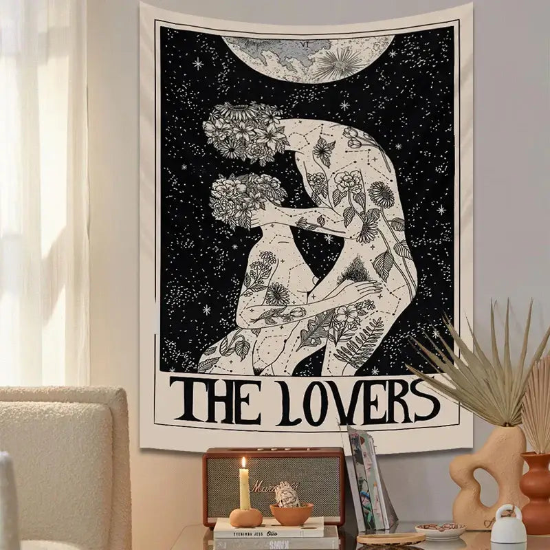 Black and white illustrated lovers tarot tapestry with celestial and floral motifs for decorbites lovers spiritual decor