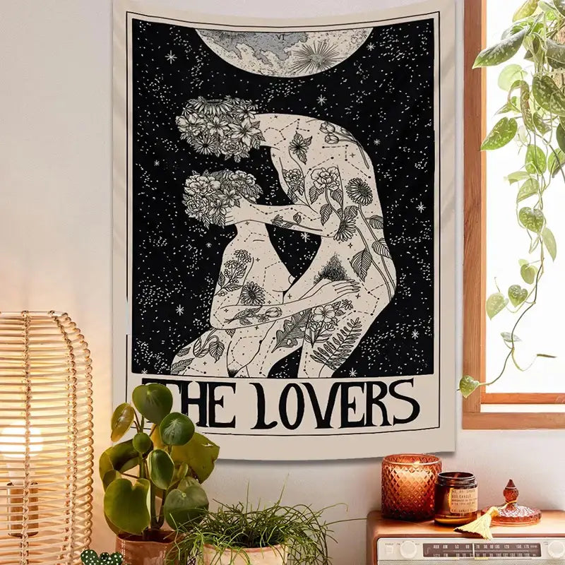 Black and white decorbites lovers tarot tapestry with illustrated couple and floral patterns for spiritual wall decor