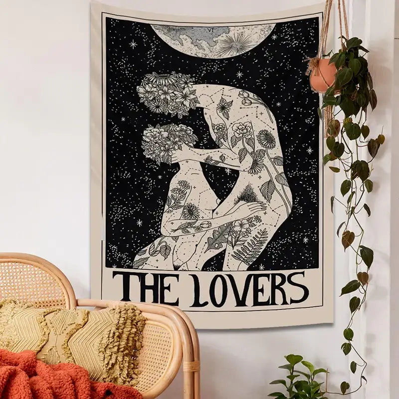 Black and cream decorbites lovers tarot tapestry with intricate line-art lovers under crescent moon for spiritual decor