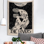 Beige decorbites lovers tarot tapestry with black and white lovers illustration and floral patterns for spiritual decor
