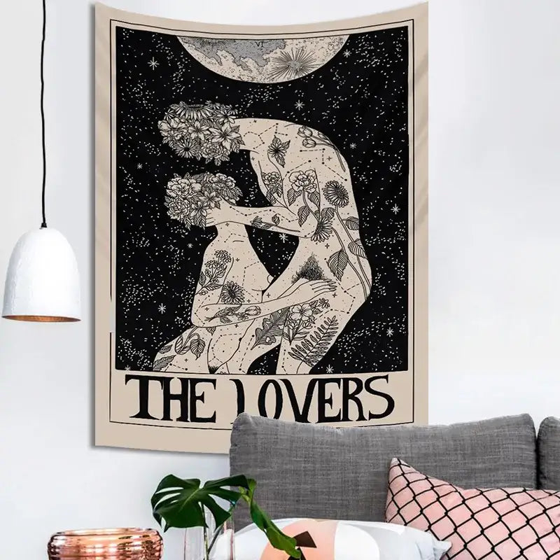 Beige decorbites lovers tarot tapestry with black and white lovers illustration and floral patterns for spiritual decor