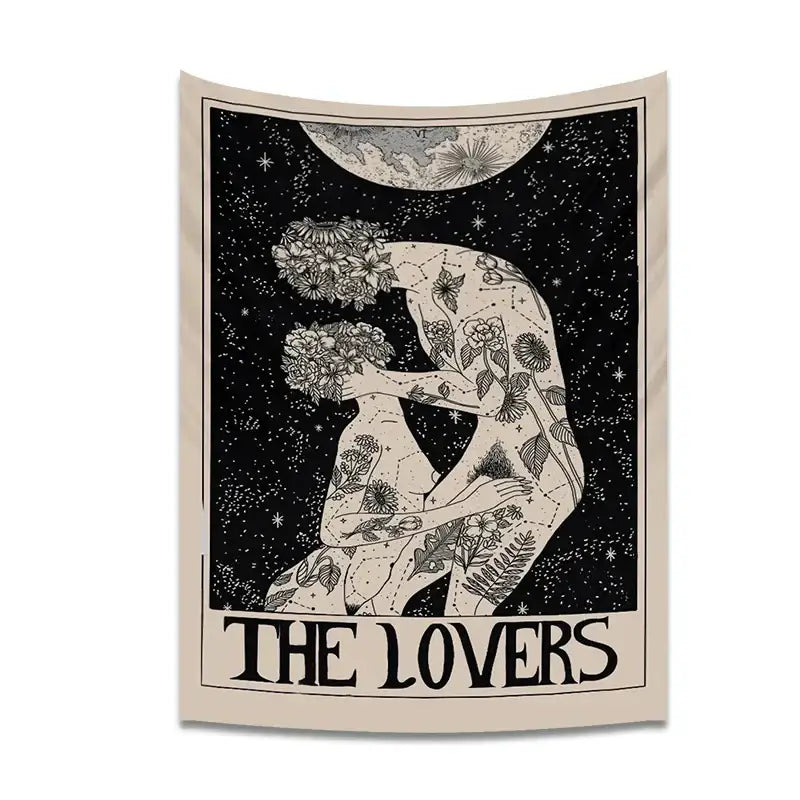 Black and cream lovers tarot tapestry by decorbites featuring intricate figures and floral patterns for spiritual decor