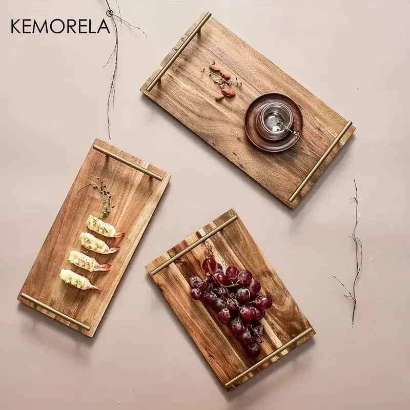 Rectangular decorbites lovesickness wooden serving tray with brass handles, warm brown finish, ideal for fruit and sushi