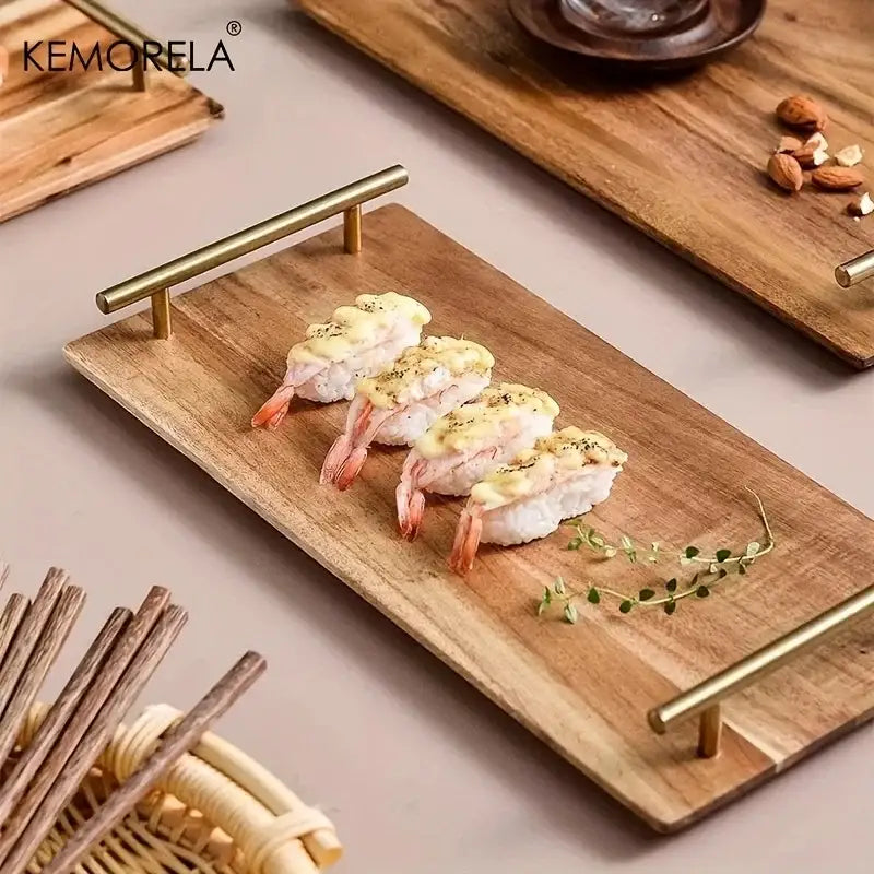 Rectangular decorbites lovesickness wooden serving tray with brushed brass handles for elegant fruit and sushi display