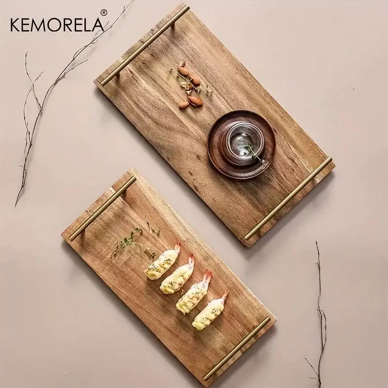 Two decorbites lovesickness wooden serving trays with brass handles natural wood finish for fruit and sushi display
