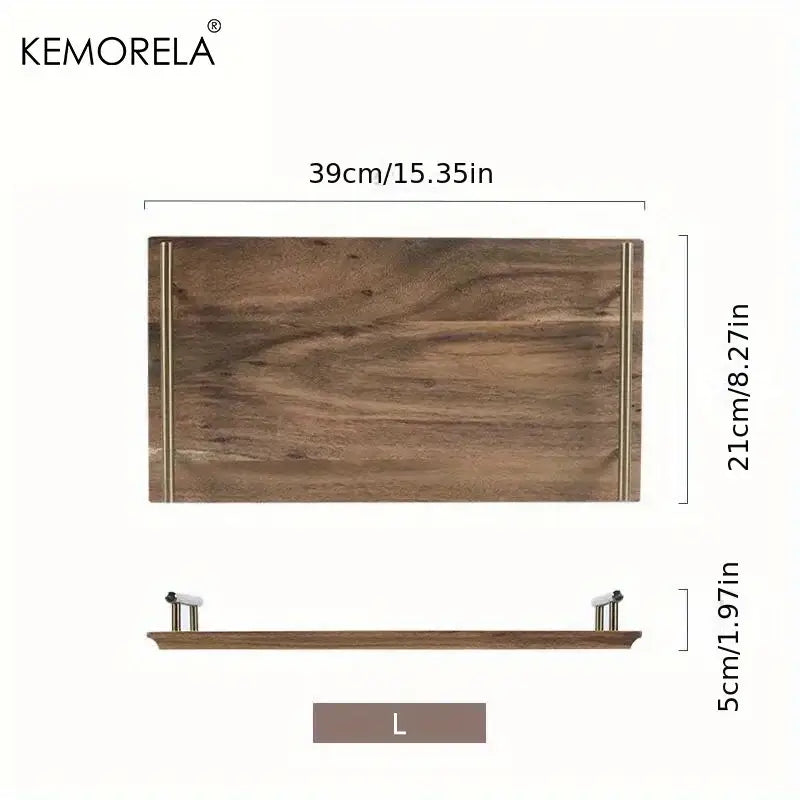 DecorBites Lovesickness wooden serving tray with natural wood grain finish and metallic side handles for elegant serving