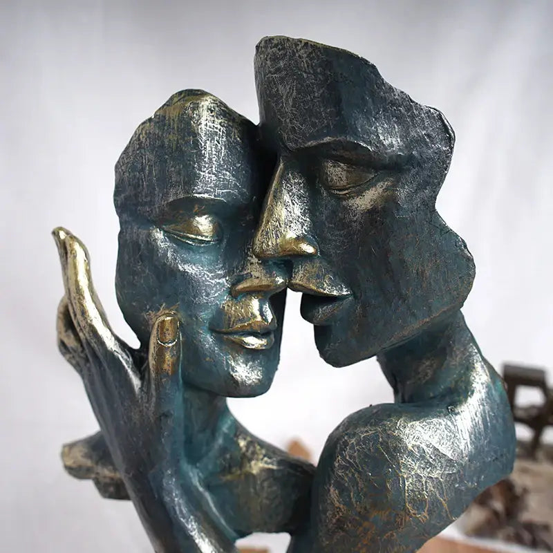 Bronze and teal patina abstract loving couple resin statue by decorbites for interior decor and valentine’s day gift