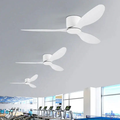 Modern white decorbites low floor ceiling fan with sleek three-blade design and remote control for versatile use