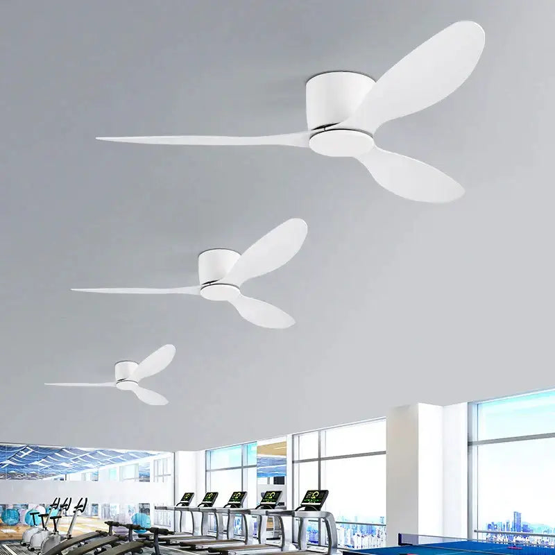 Modern white decorbites low floor ceiling fan with sleek three-blade design and remote control for versatile use