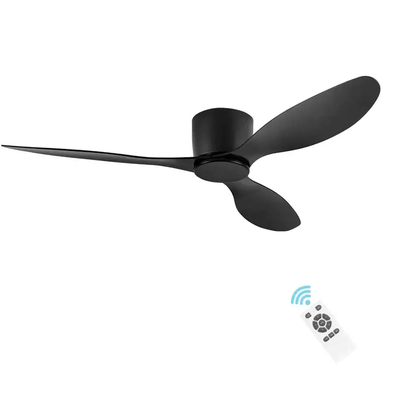 Black matte decorbites low floor ceiling fan with sleek modern blades and matching central housing for stylish airflow