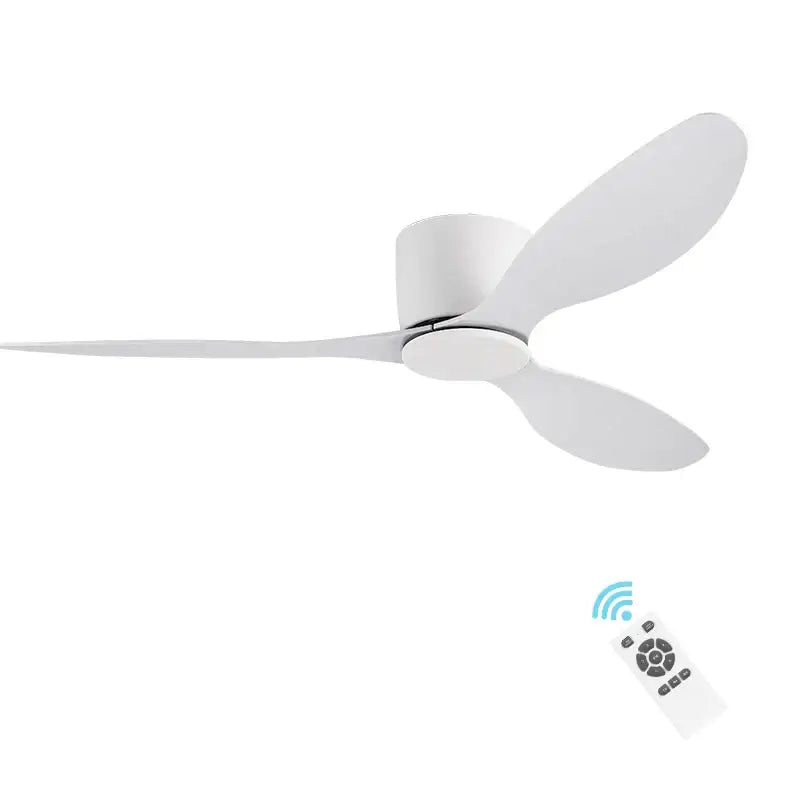White minimalist decorbites low floor ceiling fan with modern blades and matching remote control dual voltage design