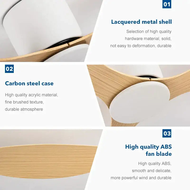 Modern decorbites low floor ceiling fan with lacquered metal shell, carbon steel case, and high-quality abs blades