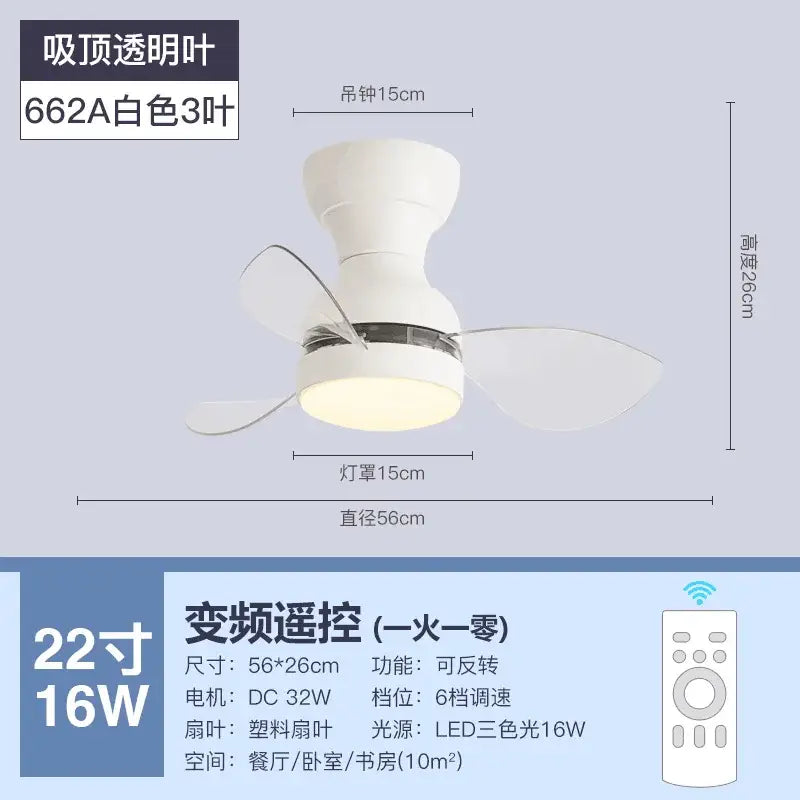 White ceiling fan with transparent plastic blades and led lighting from DecorBites low floor with remote control
