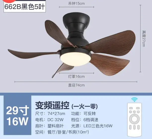 Black 662b decorbites low floor ceiling fan with five wooden blades and central led light with remote control