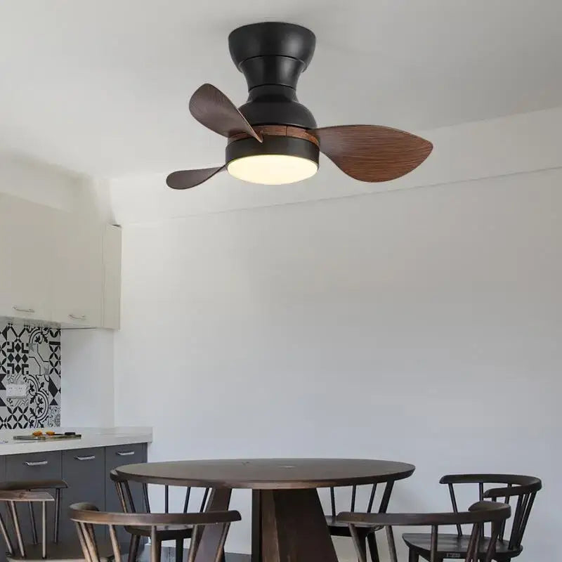 Decorbites low floor ceiling fan with remote control features a black and wood-finish modern design with integrated lighting