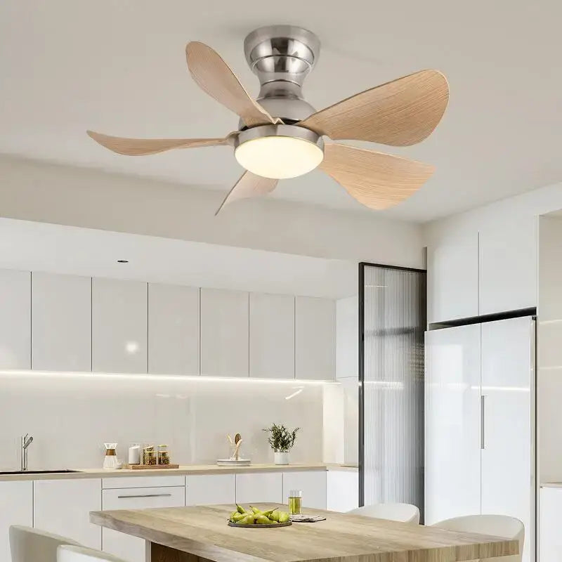 Stylish decorbites low floor ceiling fan with five light wood blades brushed stainless steel motor and remote control