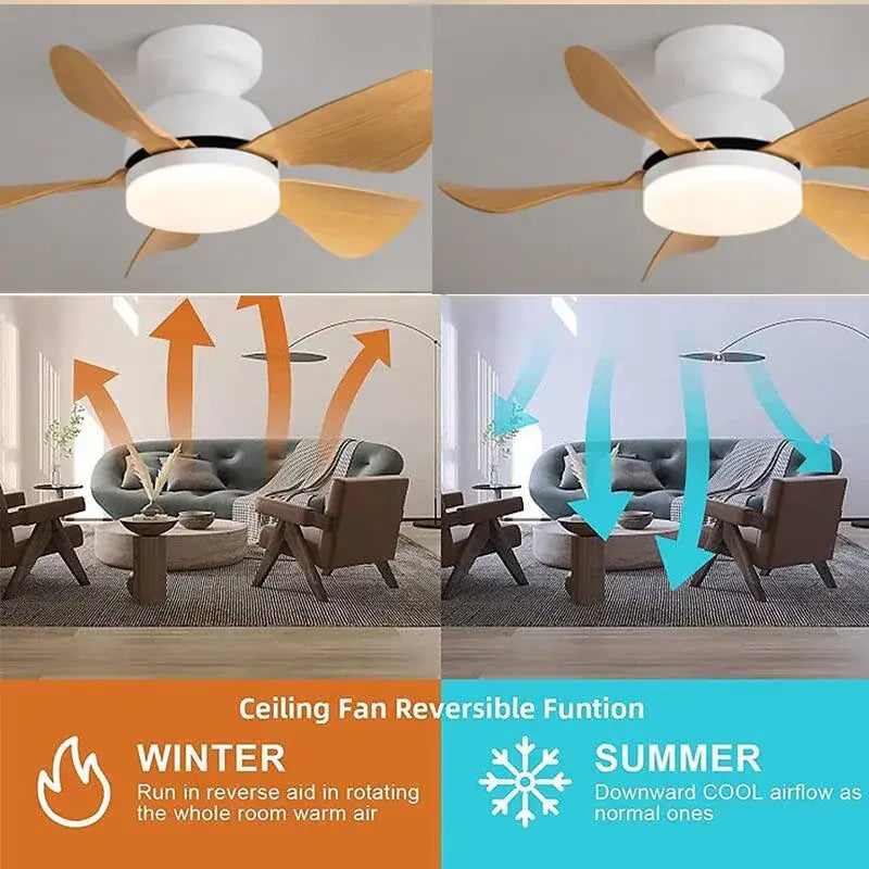 White ceiling fan with light and wooden blades featuring decorbites low floor modern design and remote control