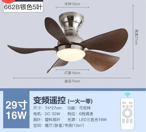 Silver 662b model ceiling fan with five dark brown plastic blades and built-in led light in decorbites low floor remote control design