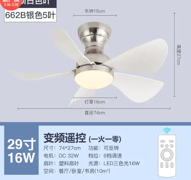 Silver 662b model decorbites low floor ceiling fan with five white plastic blades built-in led light and remote control