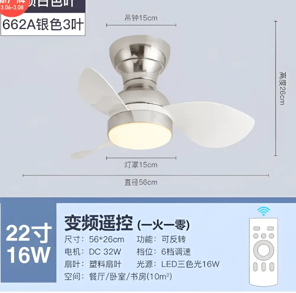 Silver 22-inch ceiling fan with three white plastic blades and led lighting from DecorBites low floor with remote control