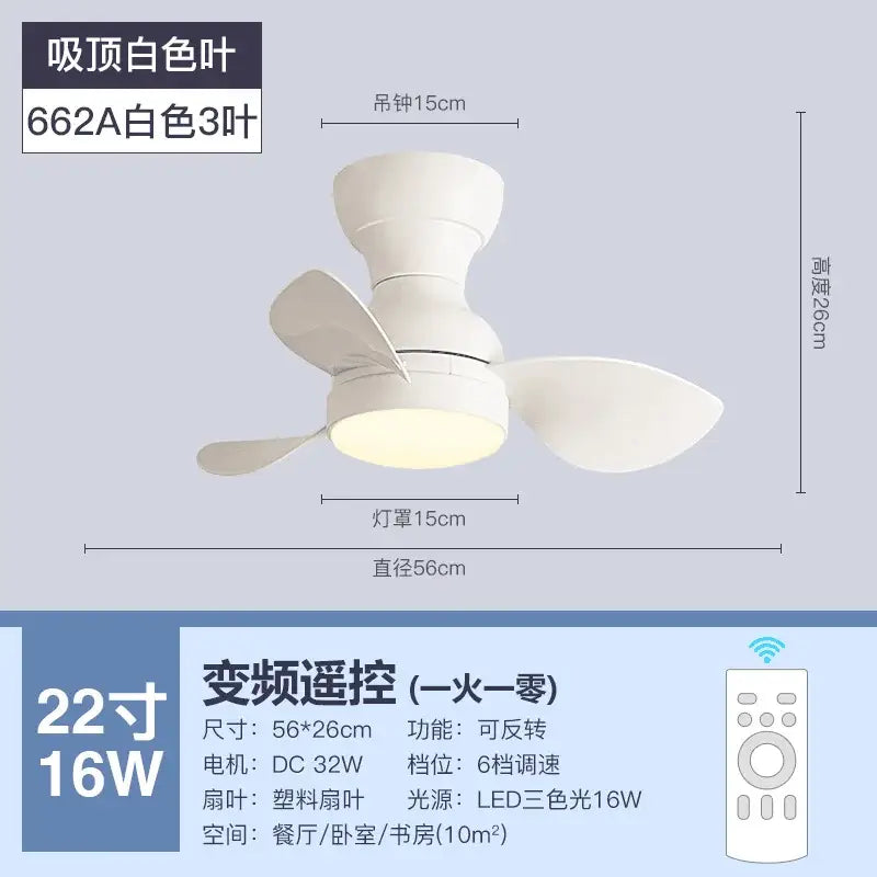 White 22-inch decorbites low floor ceiling fan with three plastic blades and led lighting remote control model 662a