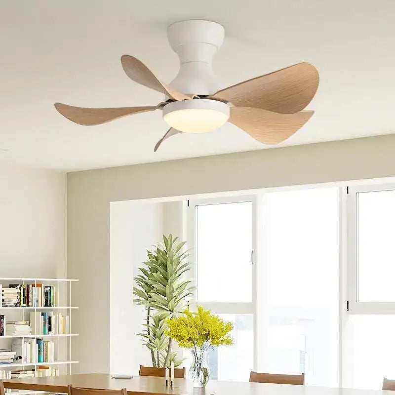 White ceiling fan with five light wood blades and central integrated bulb from decorbites low floor with remote control