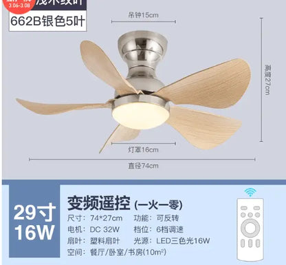 Silver finish ceiling fan with five light wood-colored plastic blades and led lighting in decorbites low floor remote control model
