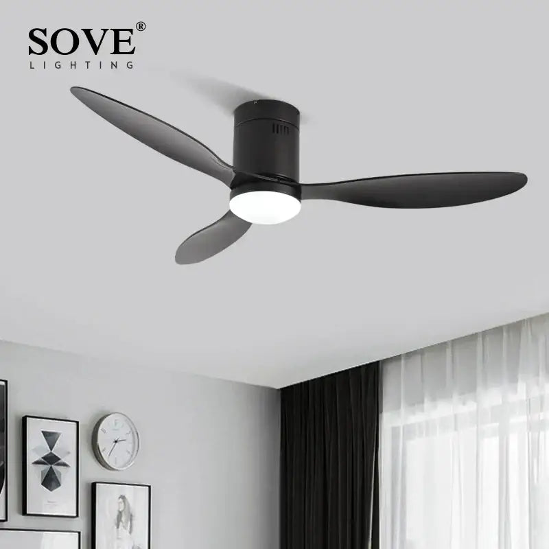 Black matte ceiling fan with integrated led light and remote control by sove lighting decorbites low floor model