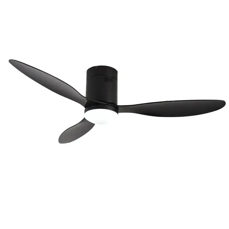 Black ceiling fan with three sleek blades and integrated circular light from decorbites low floor with remote control