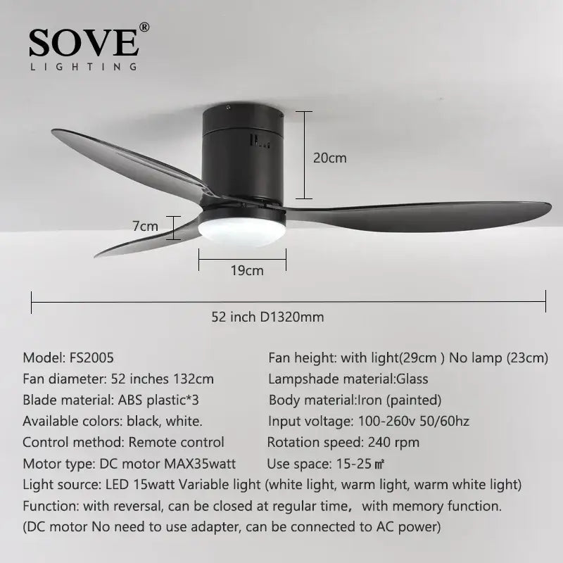 Black painted iron DecorBites low floor ceiling fan with three ABS blades glass lampshade and remote control