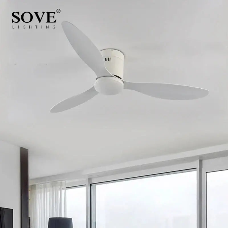 White sove lighting ceiling fan with sleek modern blades and remote control in decorbites low floor design