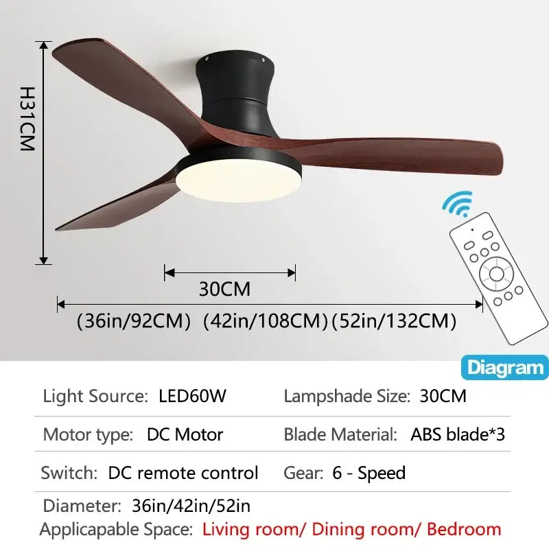 Black decorbites low profile ceiling fan with three dark brown abs blades and circular led light fixture with remote control
