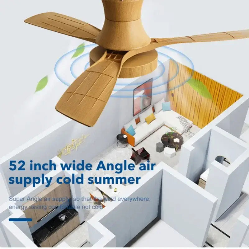 Decorbites low profile ceiling fan with light brown wooden blades and black abs hub for indoor use and wide-angle air circulation