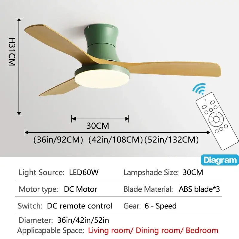 Decorbites low profile ceiling fan with matte green housing, three light wood blades, and integrated led lampshade