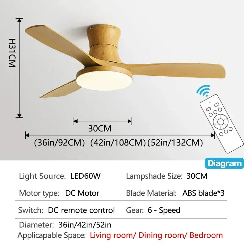 Modern ceiling fan with three light wooden blades and led lamp in black abs plastic for decorbites low profile ceiling use