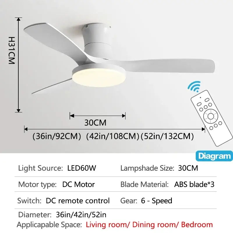 White ceiling fan with three abs blades and integrated led light by DecorBites low profile ceiling fan for modern decor